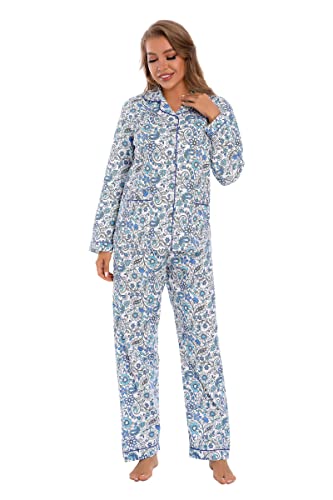Image of GLOBAL Women Cotton Pajamas Long Sleeve PJs Button Down Sleepwear S-3XL
