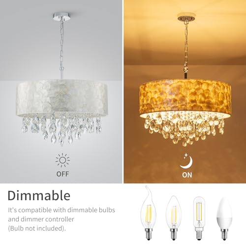 LumFurn X-Large 6-Light Drum Capiz Shell Crystal Chandeliers, Coastal Style Pendant Light Fixture for Dining Room, Living Room, D24 x H23~71 inch(Adjustable), Shell Lampshade & Chrome Finish by LumFurn - Image 4