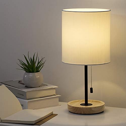 HAITRAL Wooden Table Lamp - Nightstand Desk Lamp with White Shade, Pull Chain Switch Bedside Lamp for Bedroom, Living Room, Kid Room, Dorm, Farmhouse, Home Office- White/Wooden …