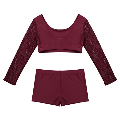 Oyolan Kids Girls Ballet Dance Workout Floral Lace Sleeves Crop Top With Shorts Set Dancewear Burgundy 14 #TOP3