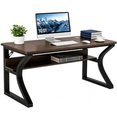 Image of 47 inch Computer Desk, Home Office Desk with Storage Shelf, Sturdy U-Shaped Metal Frame Study Table with Cable Management, Gaming Desk for Office & Bedroom (Deep Walnut, 47inch)