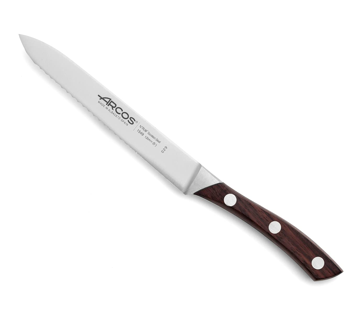 Arcos Couteau à Tomate Forgé. Lame en Acier Inoxydable 130 mm. Couteau de Cuisine Professionnel. Manche Ergonomique en POM. Série Natura. Couleur Marron