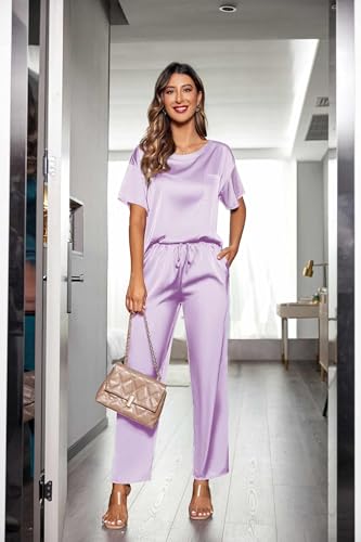 Image of Ekouaer Womens Satin Silky Pajama Set Short Sleeve Shirt with Long Pajama Pant Set Soft PJ Loungewear