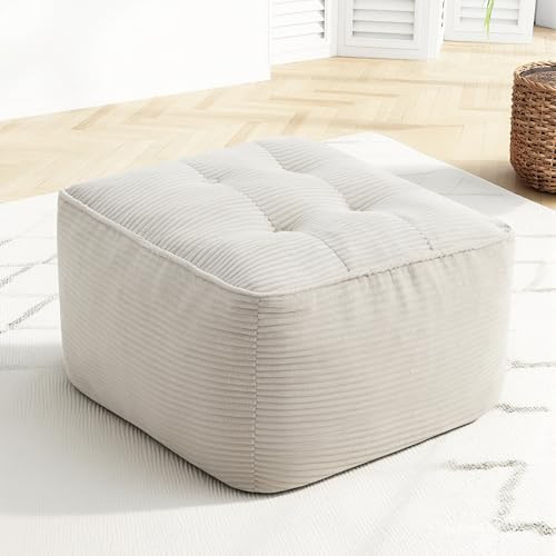 Image of Square Stuffed Pouf Ottoman, Corduroy Oversize Foot Rest,Beige