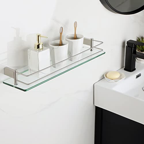 Image of SAYAYO Tempered Glass Shelf Bathroom Shelf with Rail Wall Mounted 20 inches, Stainless Steel Brushed Finished, EGC1000