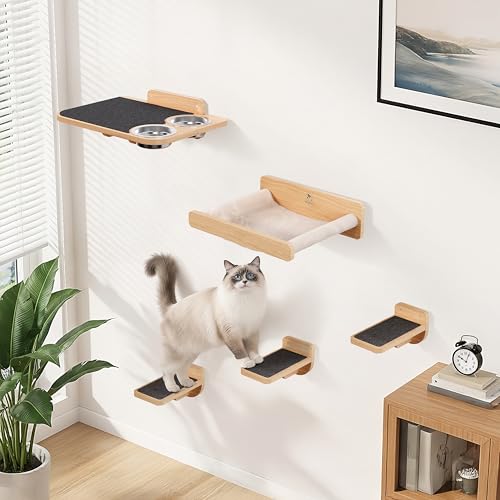 PATHOSIO PETS Space-Saving Cat Wall Shelves – Interactive Cat Wall Climber with Hammock & Dog Proof Feeding Station for All Indoor Breeds – Solid Natural Wood with Gray Carpet