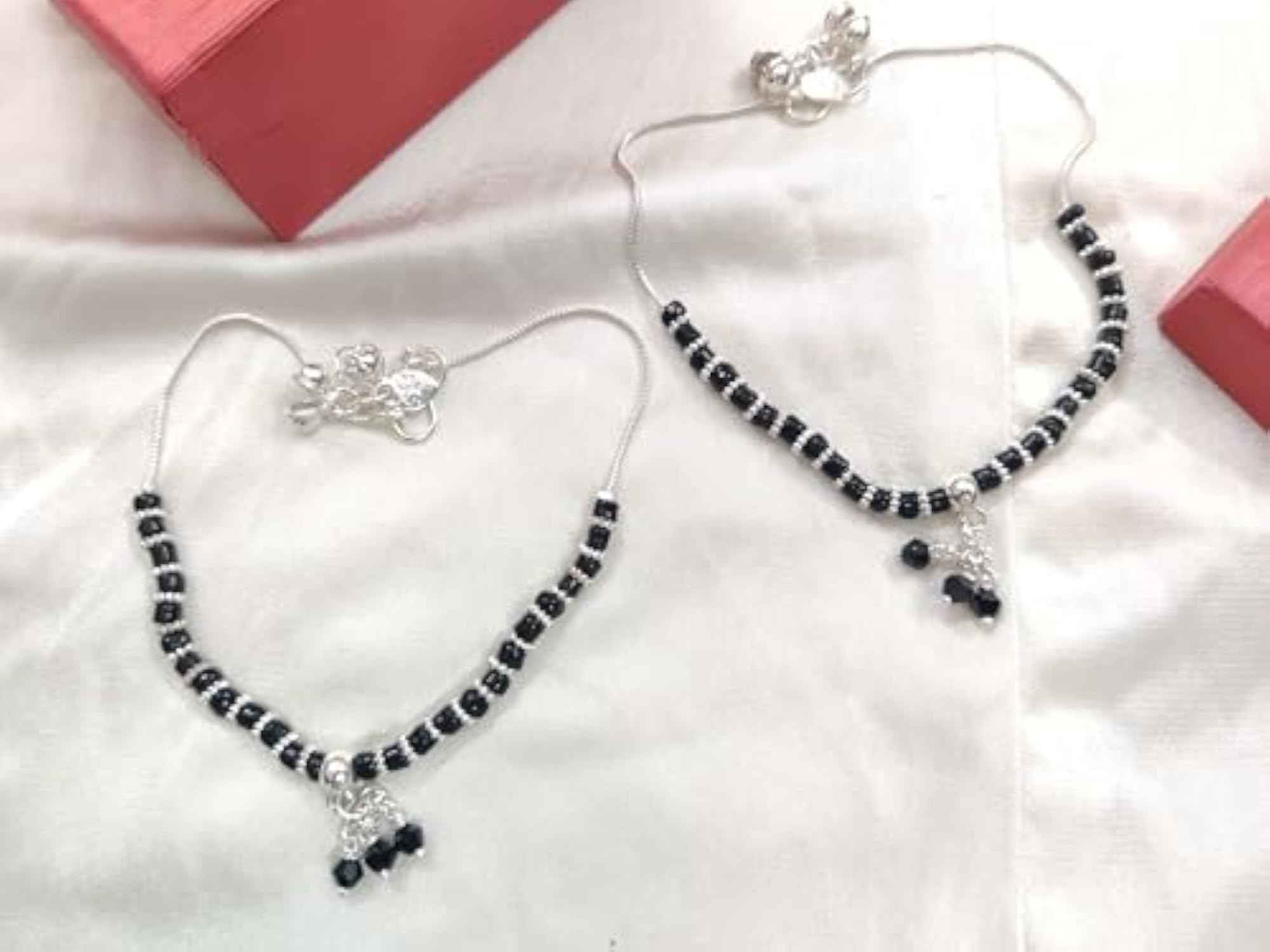 Women's Black Beaded Nazariya Anklet Pair with Silver-Plated Chain