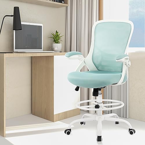Image of HYLONE Drafting Chair Tiffany Blue, Tall Office Chair Standing Desk Stool with Adjustable Height, Foot Ring, Flip-Up Arms, Mesh High-Back Office Chair, White