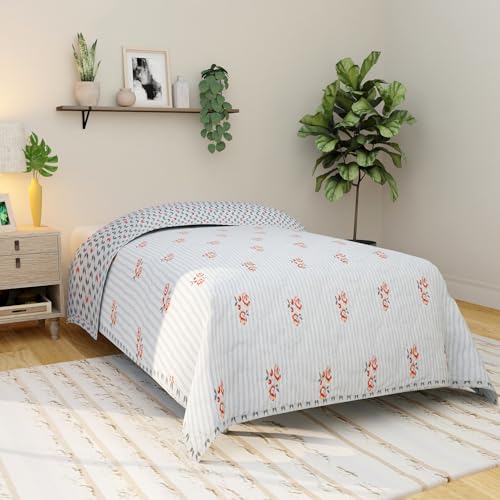 Image of Akshya Reversible AC Comforter Single Bed Lightweight Quilted Blanket Soft Breathable Microfiber for Summer and Mild Winter Dual Pattern Design Easy Care Machine Washable
