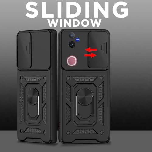 Image of Outlouders Back Cover for Vivo V50 5G | D10 Tough Armor 360 Protection Case with Sliding Camera Shield & Ring Holder Stand Bumper Case (Black)