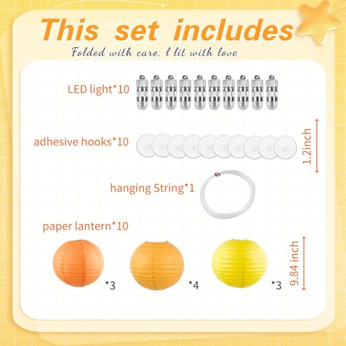 Image of Chinese Paper Lanterns - Pack of 10, 10-Inch Yellow /Orange Hanging Lights for Birthday Party Decorations, Ceiling Decor, Rainbow Classroom, Wedding, and Home Party