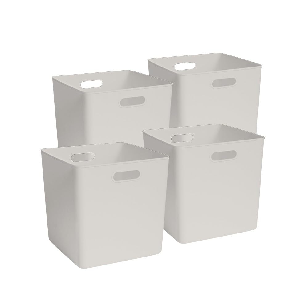 Box and beyond - Lot 4 Bacs Rangement - 31 x 31 x 31 cm - Plastique Blanc Cassé - Poignées intégrées - Rangement Facile - Robuste - Buanderie, Chambre