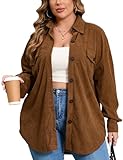 ZOMVA 2025 Women's 1X-5X Plus Size Corduroy Shacket Jacket Oversized Button Down Coats Shirts Winter Fall, Brown, 4XL