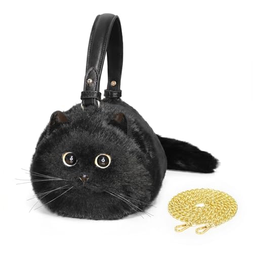 HUIJUFU Sac à main à bandoulière réaliste en forme de chat en peluche pour femme, motif chat noir,