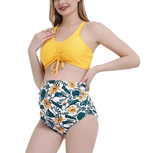 Sweetbump Maternity High Waist Swimsuit Two Piece Bathing Suit Cute Bikini Tie Ruched Front Crop Top Pregnancy Swimwear Yellow Floral S #TOP2