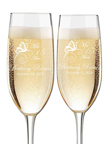 Custom Engraved Quinceanera Cotillion or Debutante Champagne Flutes - Butterfly Design - Choose Set of 2 or 16 - Personalized with Name and Date Set of 2