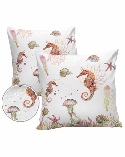 Orange Sea Horse Outdoor Pillow Cover 20x20 Inch Cushion Sham Case,Waterproof Decorative Square Throw Pillowcase for Outside Garden Patio Porch Couch Chair Tent Coastal Nautical Starfish Coral Conch