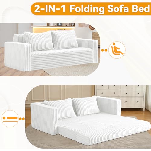 Image of HABUTWAY 68 inch Loveseat Boneless Couch, 4-in-1 Convertible Sofa Bed, Plush Fur Folding Futon Sofa Bed Couches with 2 Pillows for Living Room, High-Density Foam Support, No Assembly Required, Beige