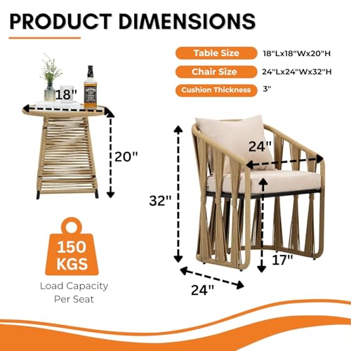 Image of DEVOKO Serene 3-Piece Outdoor Rope Patio Bistro Set with Glass Top Table and Cushions for Garden, Deck, Lawn, Poolside, Porch, Balcony (Beige & Cream)