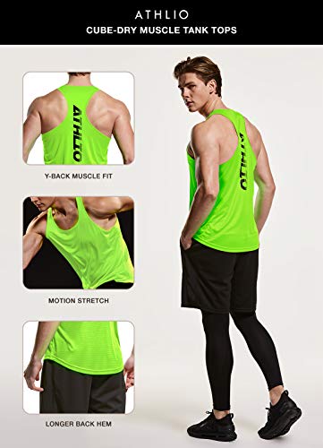 Athlio Men's Dry Fit Muscle Workout Tank Tops, Y-Back Bodybuilding Gym Shirts, Athletic Fitness Tank Top, Cube Tank Top 3Pack Black/Neon Green/Blue, Large #TOP5