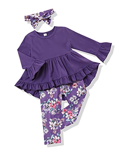 Photo 1 of Toddler Baby Girl Clothes Solid Color Ruffle Tops Floral Pants with Cute Headband Outfit Set