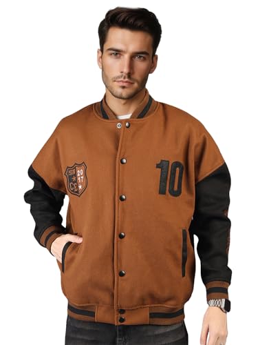 Image of CHKOKKO Men's Oversized Varsity Jacket with Snap Button Closure and Patch Design Trendy Comfortable Outerwear for College Travel and Casual Wear