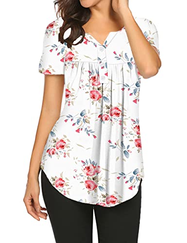Halife Women's Summer Floral Tops Short Sleeve V Neck Shirts Loose Fit Pleated Blouse Flowy Tunics For Leggings White L #TOP2