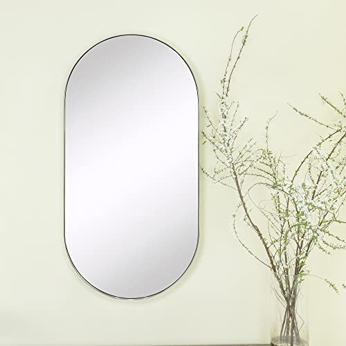 Image of TEHOME Brushed Nickel Oval Bathroom Mirror 20x40'' Pill Shaped Oblong Vanity Mirror Metal Framed Capsule Mirror for Wall in Stainless Steel Rounded Rectangular Mirrors for Wall Mounted
