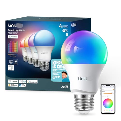 A19 Matter Smart Light Bulb, Color Changing Smart Bulb, 9W, 800lm, E26 Base, Jimmy Darts Version (4 Pack), 2025 Upgraded - Bulb Shape: A19