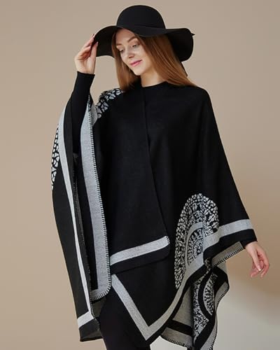 Rungion Women's Cashmere-like Reversible Shawl Scarf Winter Warm Cape Wrap Open Front Poncho Blanket Cardigan Coat2