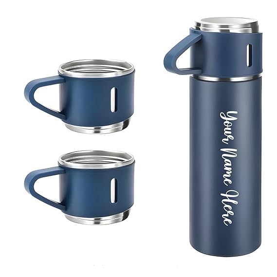 Image of DIGALI Personalized Flask Set with 3 Cups | Premium Gift Set for Drinks | Stainless Steel Flask with Shot Glasses for Travel, Parties, and Gifting | Durable & Stylish (Customizable) (Blue)