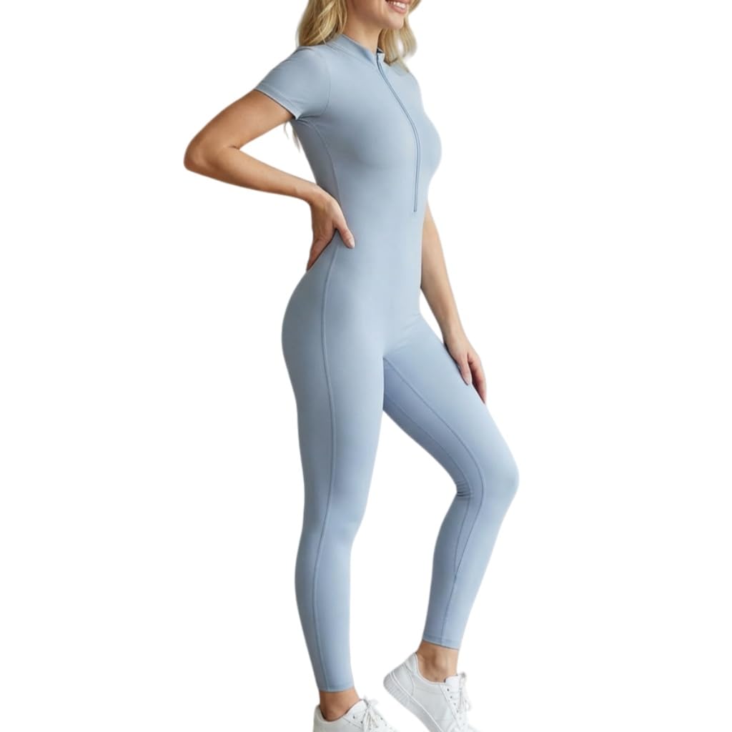 Tuta da Yoga da Donna a Maniche Corte, Tuta Intera per Fitness all'aperto, Abbigliamento Sportivo per Allenamento.-Blu-S
