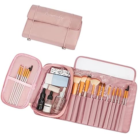 Arqumi Makeup Brush Organiser Bag, 2-in-1 Multifunctional Make Up Brush Storage Bag Portable Roll Up Cosmetic Bag with 12 Makeup Brushes Pocket Slot for Travel Business Daily Use Pink Cover