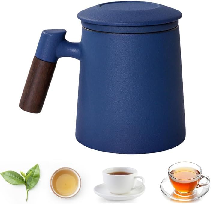 Teapot with Infuser, 400ml/14.1oz Tea Pot with Wood Handle, Ceramic Teapot with Strainer and Lid for Loose Leaf Tea, for 1-2 Person (Blue)