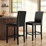 GOTMINSI Set of 2 Classic 24 Inches Counter Height Stools Upholstered Bar Stools with Solid Wood Legs and Black Leather Counter Stool(PU Black)