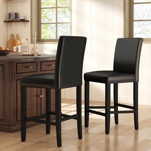 GOTMINSI Set of 2 Classic 24 Inches Counter Height Stools Upholstered Bar Stools with Solid Wood Legs and Black Leather Counter Stool(PU Black)