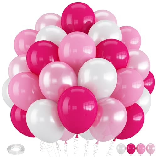 Image of Pink and White Balloons, 60 PCS 12 Inch Hot Baby Pink Pearl White Latex Balloons for Valentines Day Girls Women Princess Birthday Party Baby Shower Bridal Shower Wedding Party Decorations