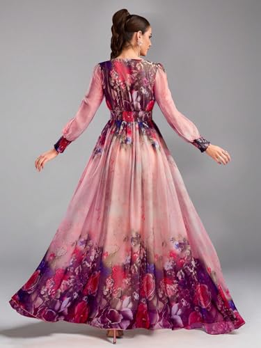Image of TOLEEN Summer Casual Dresses for Women 2024 Spring Fashion Boho V Neck Long Sleeve Ruffle Floral Print Elegant Maxi Dress