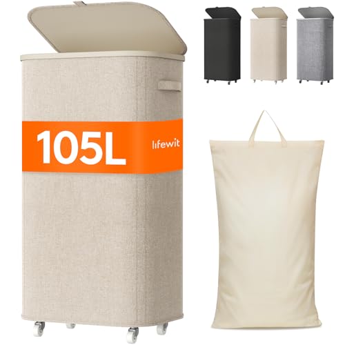 Lifewit Wäschekorb mit Deckel auf Rädern 105L Wäschesammler mit Kunststoffrahmen faltbarer großer Wäschesortierer Wäschebox Laundry Baskets für Schlafzimmer Bad Beige