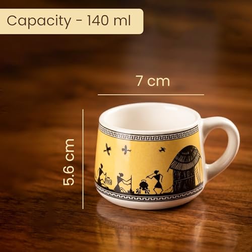 Image of The Earth Store Yellow Warli Art Ceramic Tea Cup Set of 6 for Tea | 140ML Each | Microwave & Dishwasher Safe | Perfect for Every Occasion Chai | Coffee Cups for Home, Office, Gifting & Daily Use