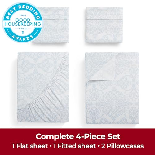 Image of Mellanni Extra Deep King Sheets - 4 PC Iconic Collection Bedding | Hotel Luxury, Ultra Soft, Cooling Bed Sheets - Wrinkle, Fade, Stain Resistant (King, Laced Sky Blue)