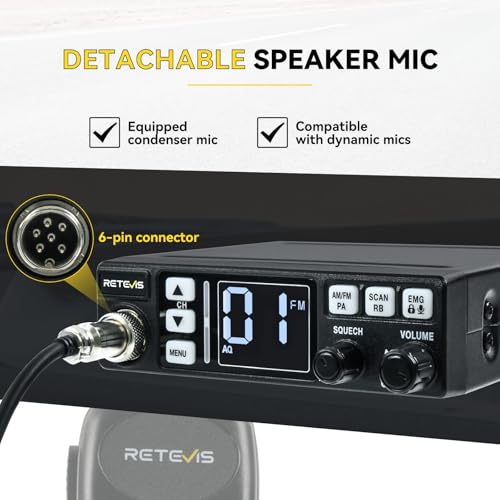 Retevis MB63 CB Radio Complete Kit, AM/FM with Antenna, Mobile Transceiver with ANL, PA Function, VOX, EMG CH9/19, for Off-Road and Self-Driving Tour Fleet(1Pcs, Black) - Image 6