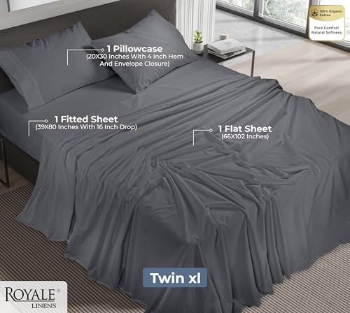 Image of ROYALE LINENS 100% Organic Cotton Twin XL Sheet Set - Percale Weave - 3 Pieces Set - 1 Flat, 1 Deep Pocket Fitted Sheet and 1 Pillowcases - Grey Bed Sheets - Sabanas Twin XL - Crisp Cool (Grey)