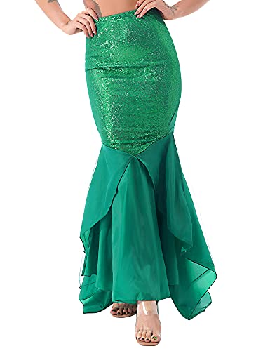 YiZYiF Women's Party Costume Sequins Mermaid Long Tail Skirt with Asymmetric Mesh Panel Large Green