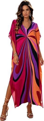 Image of RanRui Floral Print Kaftan Dresses for Women Ethnic Boho Print swim cover up Batwing Sleeve Vneck Caftans