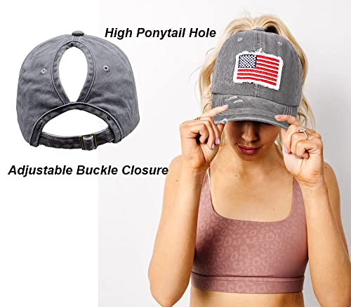 Distressed Ponytail Hat For Women American-Flag Pony Tail Caps High Bun Grey #TOP1
