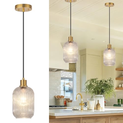 2 Pack Pendant Lights with Vintage Clear Ribbed Glass Lampshade, Adjustable Brushed Gold Pendant Lights Fixtures for Kitchen Island Lighting Sink, Dining & Living Room Hallway (Bulbs Not Included)