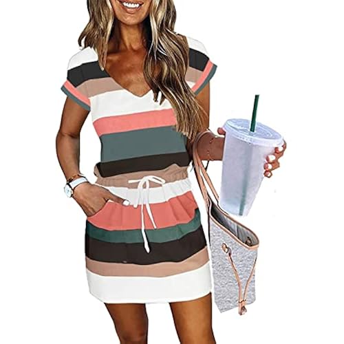 Womens Summer Dress Lantern Sleeve V Neck Tie Front Drawstring Mini Dress