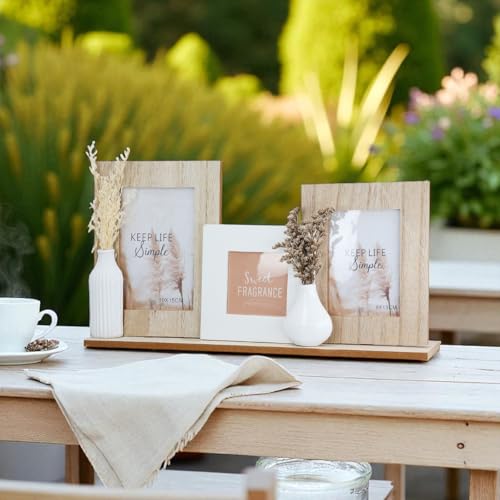 CULT at home Marco de fotos collage blanco natural, semijarrones con hierba artificial, juego de marcos de mesa de madera de diferentes tamaños, base longitud total 39 cm, formato 10 x 15, 8 x 13, 8 x