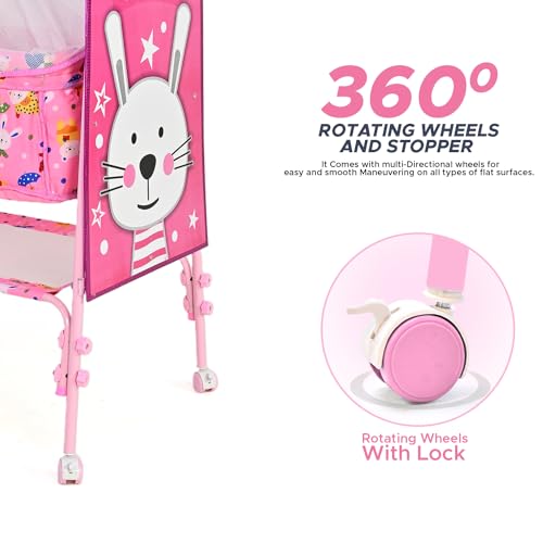 Image of Bubblebaby Premium Sturdy & Safe Baby Cradle Jhula /Palna /Bed /Ghodiyu /Baggi /Baby Bedding With Mosquito Net All Four 360 Rotating Wheels & Lock Storage Mattress For 0-13 Months Boys Girls (Pink) 1count